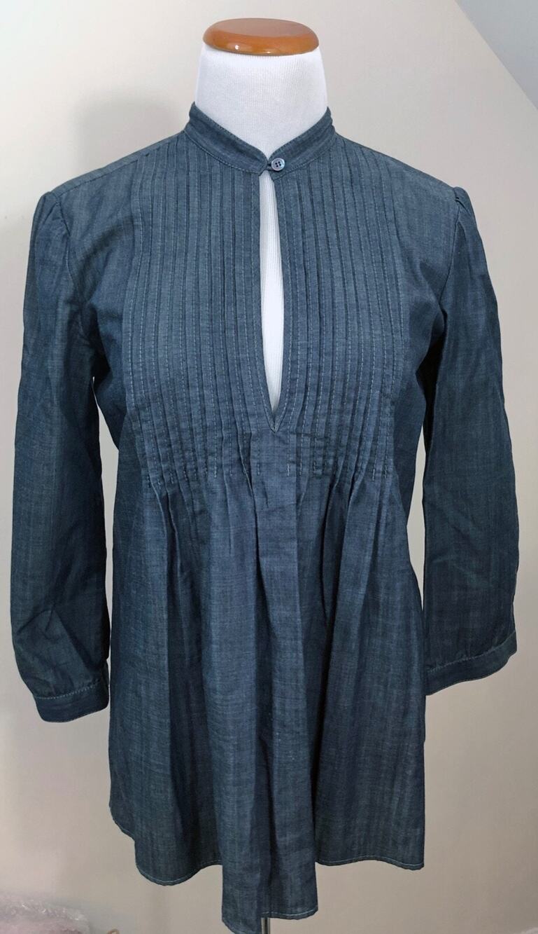 Theory Tuxedo Front Blue Chambray Long Sleeve Top, Women's, 100% Cotton, Small